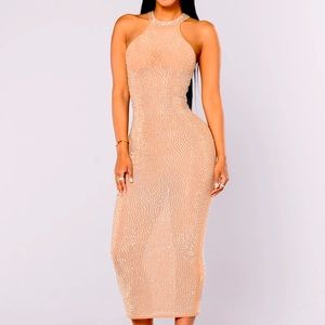 Rhinestone embellished nude midi dress
